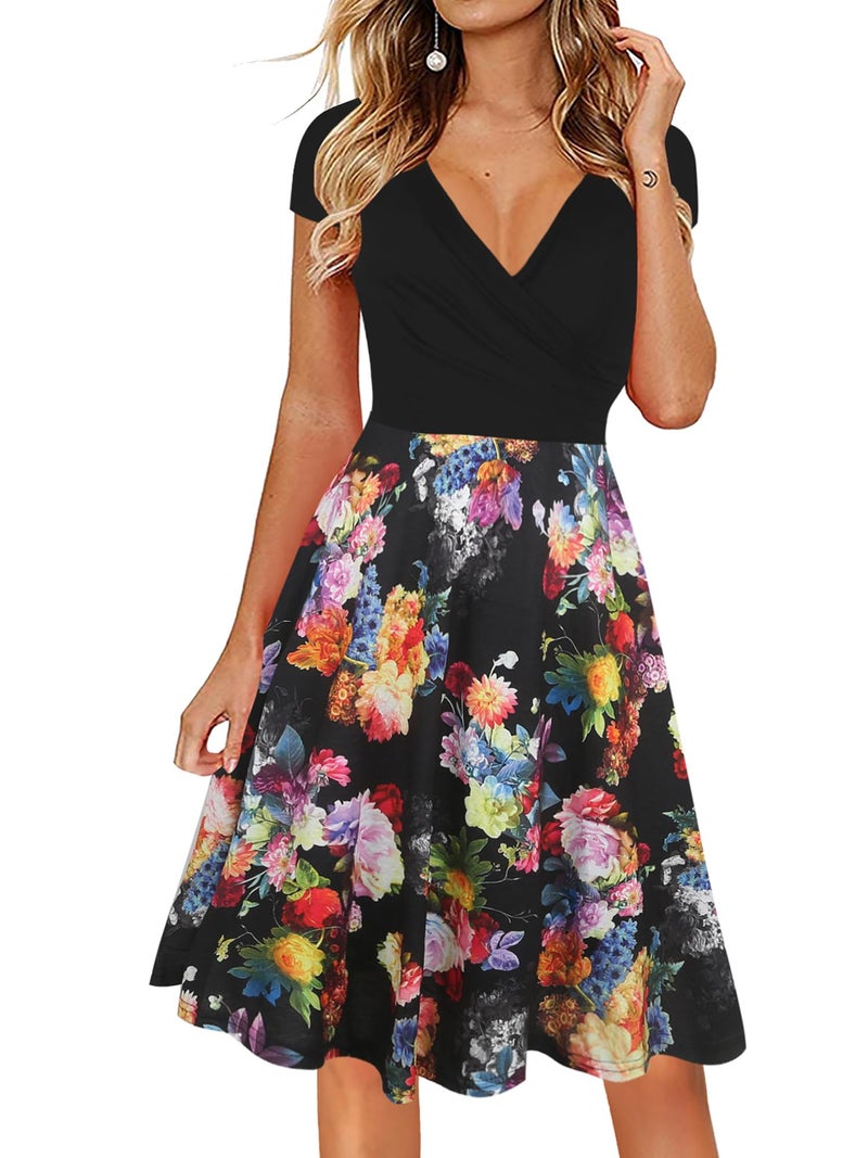 oxiuly Women's V-Neck Cap Sleeve Floral Casual Work Stretch Swing Dress OX233 (M, Black Rose) - Image 1